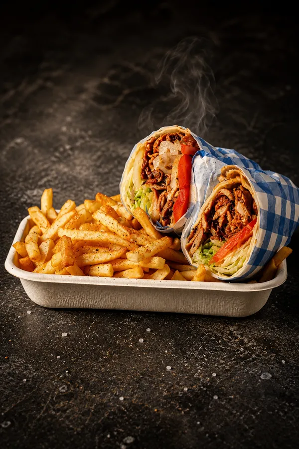 Chicken kebab wrap with chips