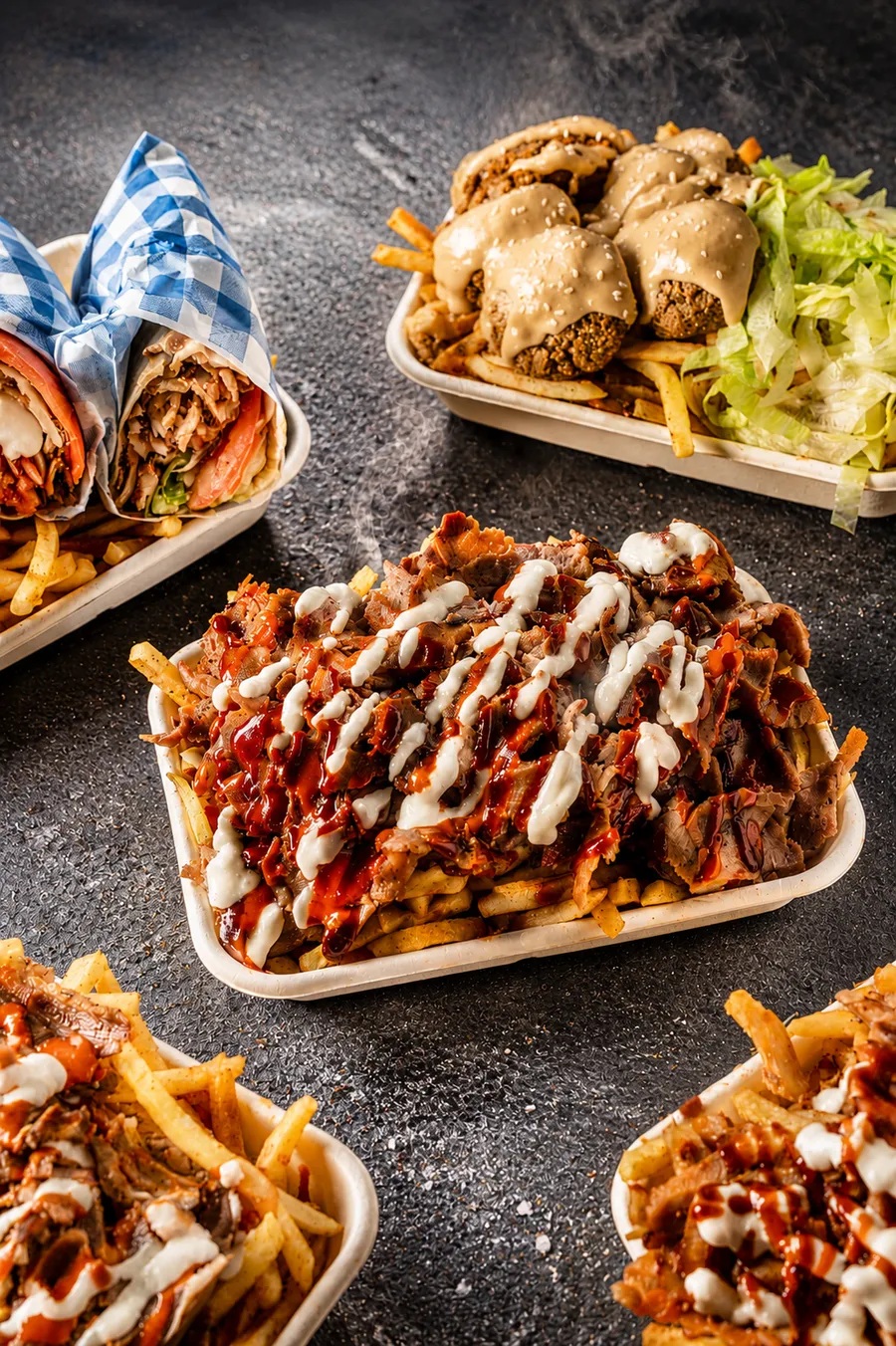 Abu kebab meat snack pack loaded fries with garlic sauce and chilli sauce Sydney