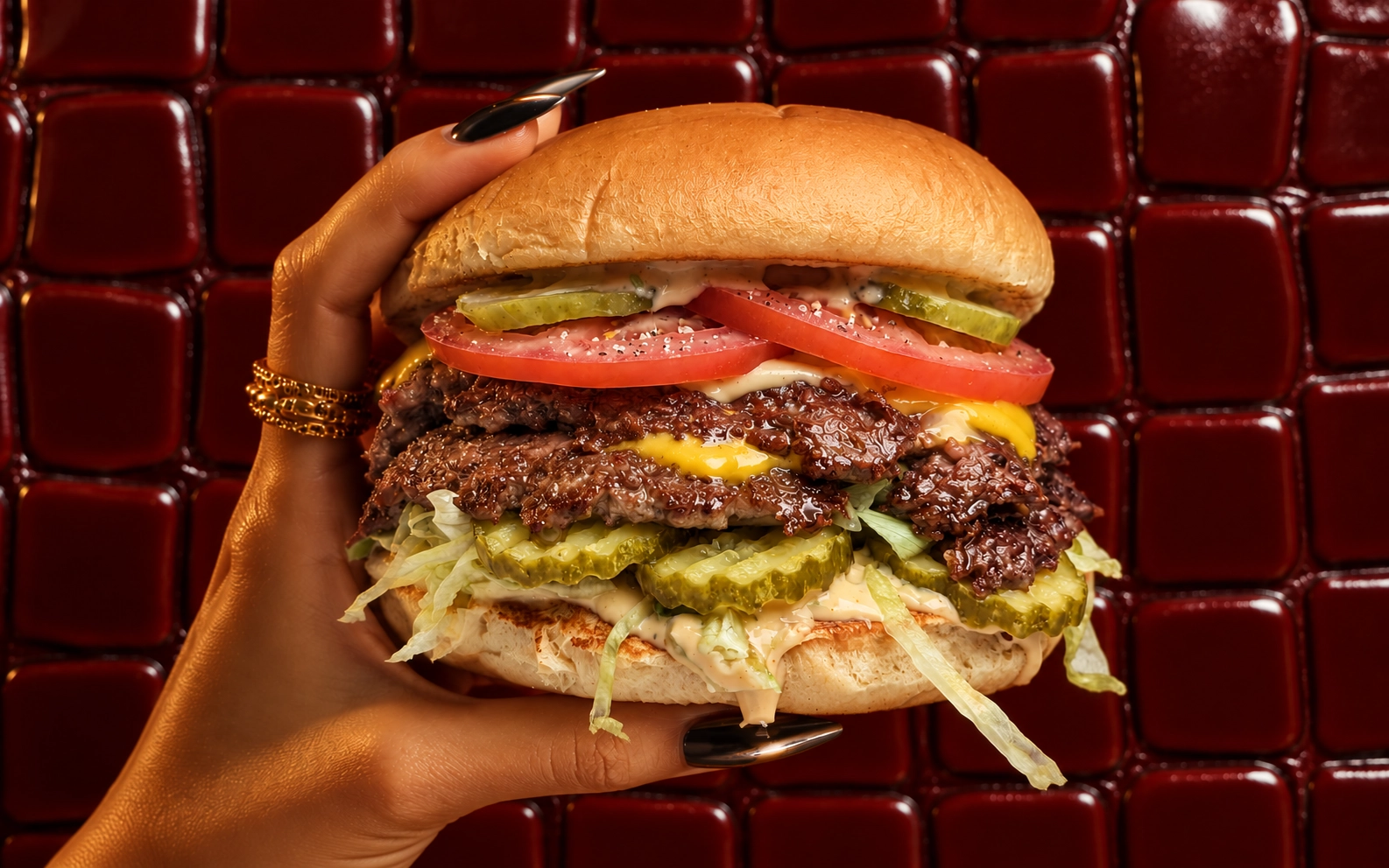 Double smash burger with cheese, pickles, tomato and lettuce