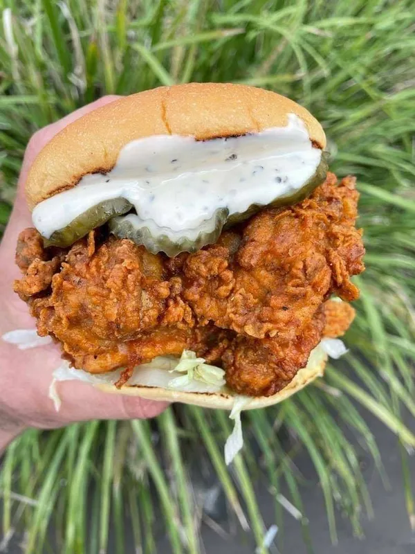 Birdman chicken sanga on brioche bun