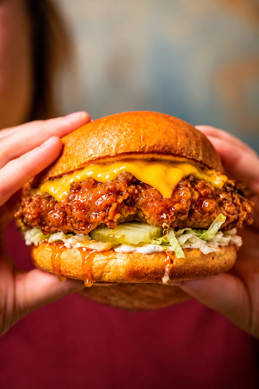 Birdman hot honey fried chicken burger with cheese and pickles