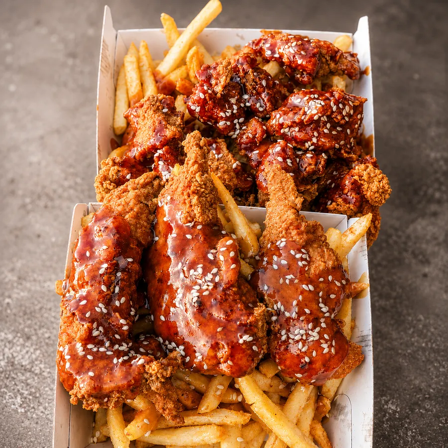 Korean glazed chicken wings and fries, Birdman KFC food truck Sydney
