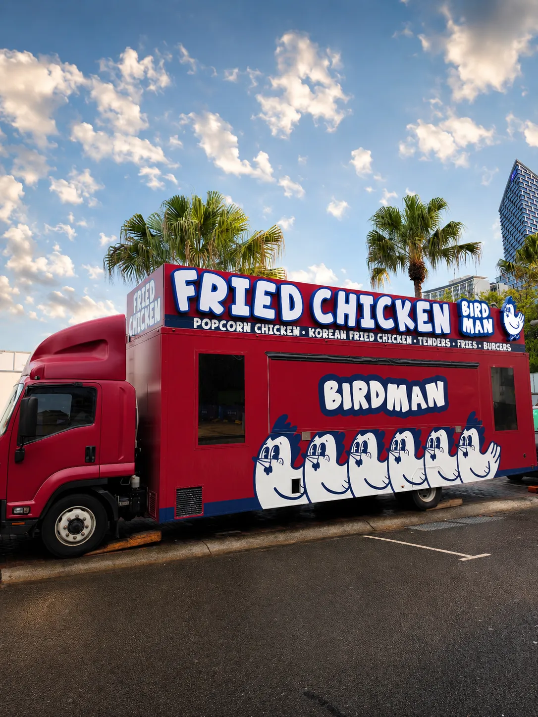 Birdman fried chicken food truck at sunset with palm trees Sydney