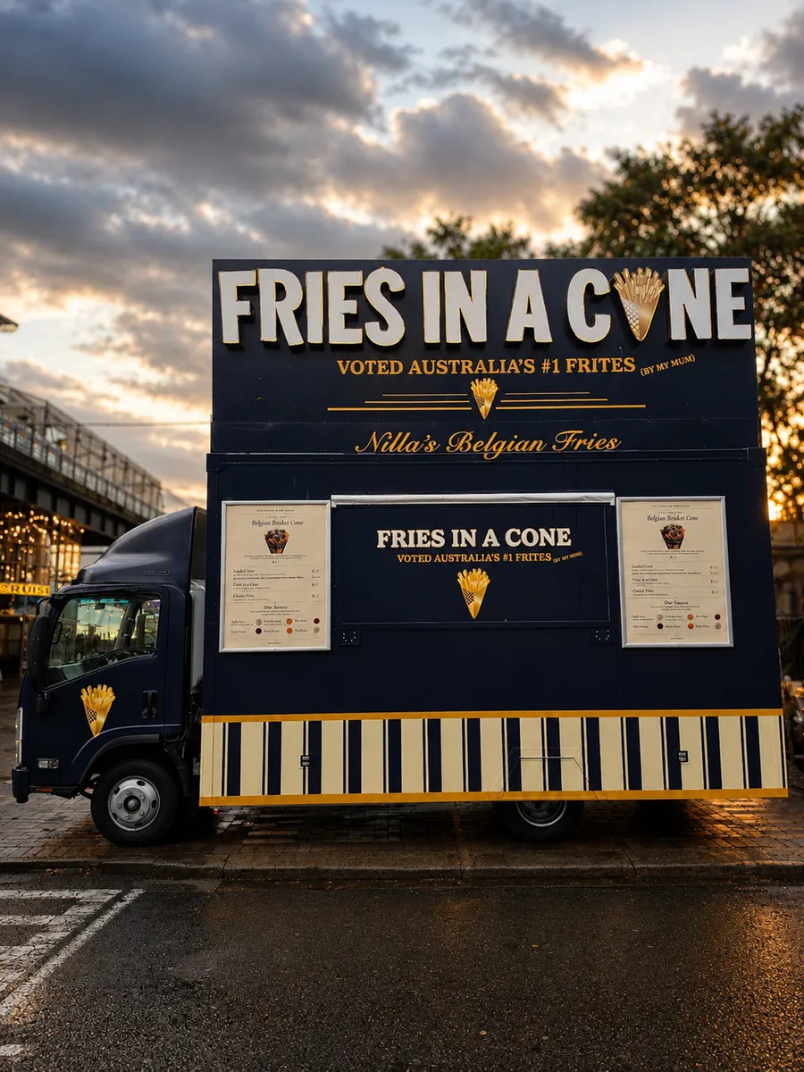 Nillas Belgian Frites food truck at sunset Sydney event